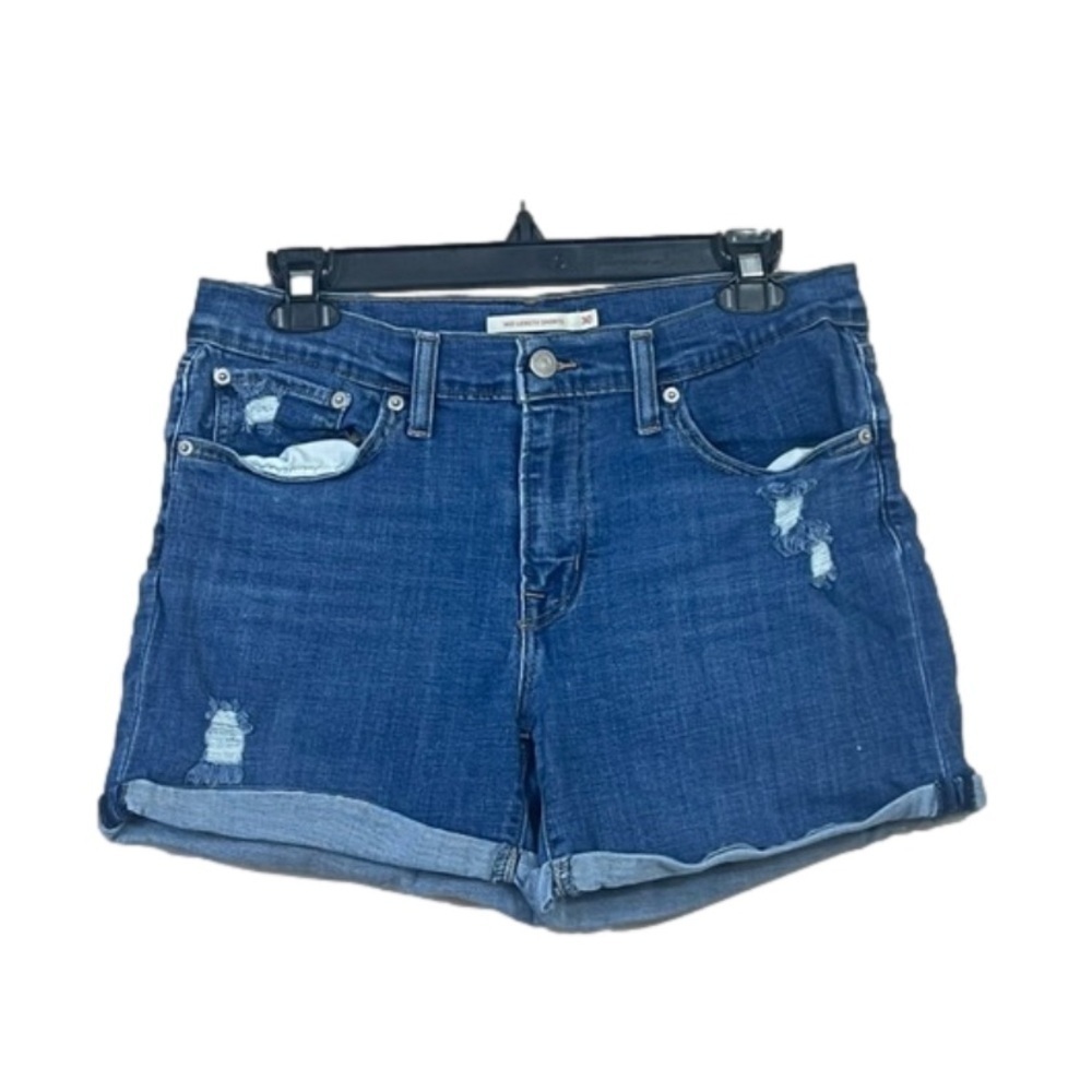 Levi's Shorts Womens Size 30 Dark Wash Blue Denim Med Rise Roll Up Distressed